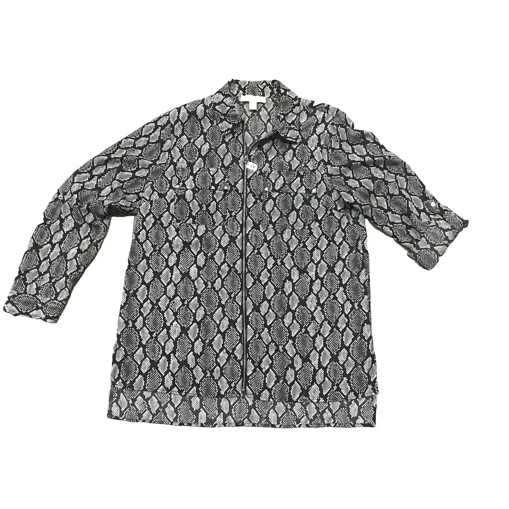 Michael Kors Silver Metal Zip Front  Roll Up LS Blouse Snake Print  Large